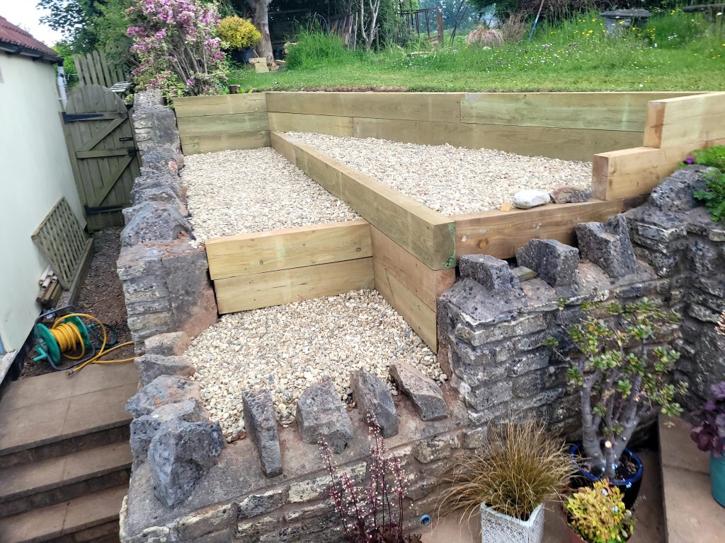 Sleeper terraces with clean stone and decorative gravel in Nempnett Thrubwell